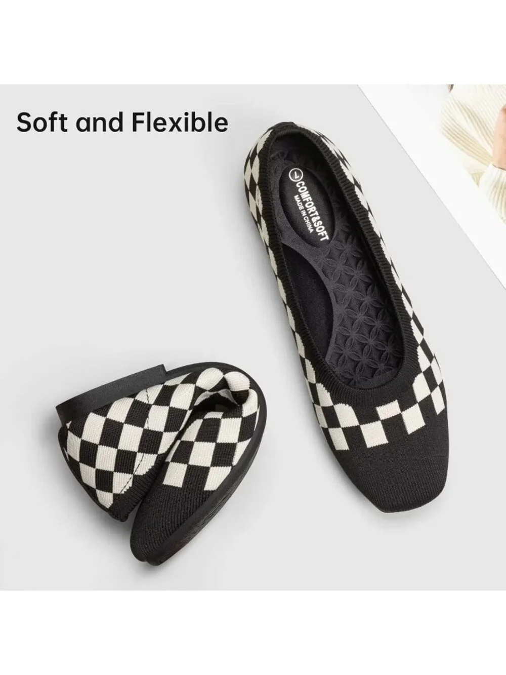 Women's Black Comfortable Slip on Washable Square Toe Ballet Flat Shoes for Work